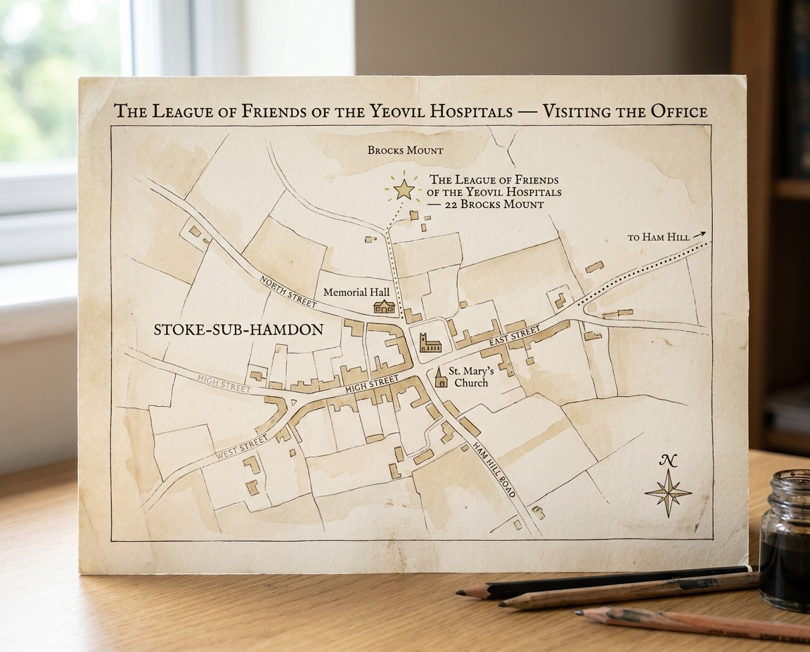 A hand-drawn map of Stoke-Sub-Hamdon showing the Friends&rsquo; office on Brocks Mount, the Memorial Hall, and the route to Ham Hill — annotated in serif type with the words &lsquo;THE LEAGUE OF FRIENDS OF THE YEOVIL HOSPITALS&rsquo; at the top.