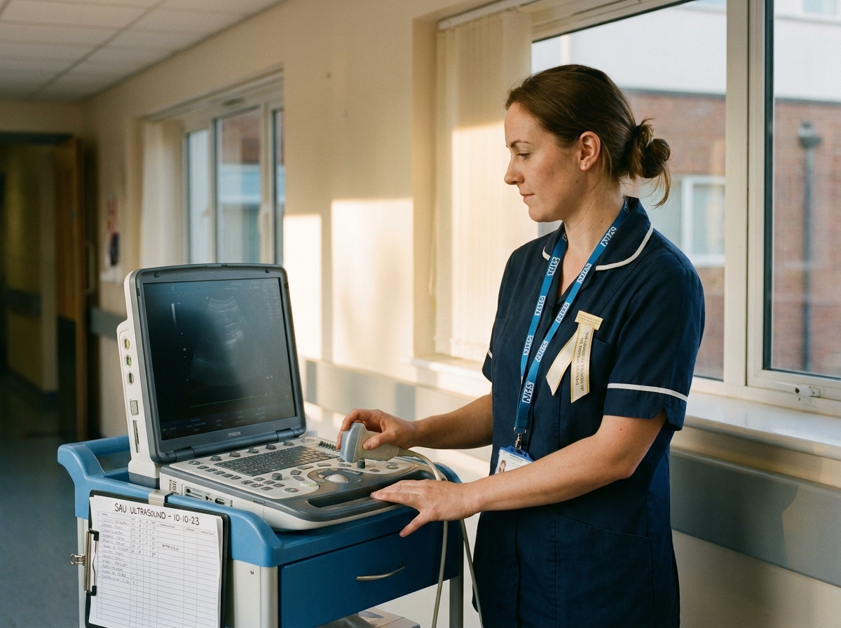 A radiographer at Yeovil District Hospital with the existing Surgical Assessment Unit ultrasound, paused mid-examination, with a hand-written list of upcoming patients clipped to the trolley.