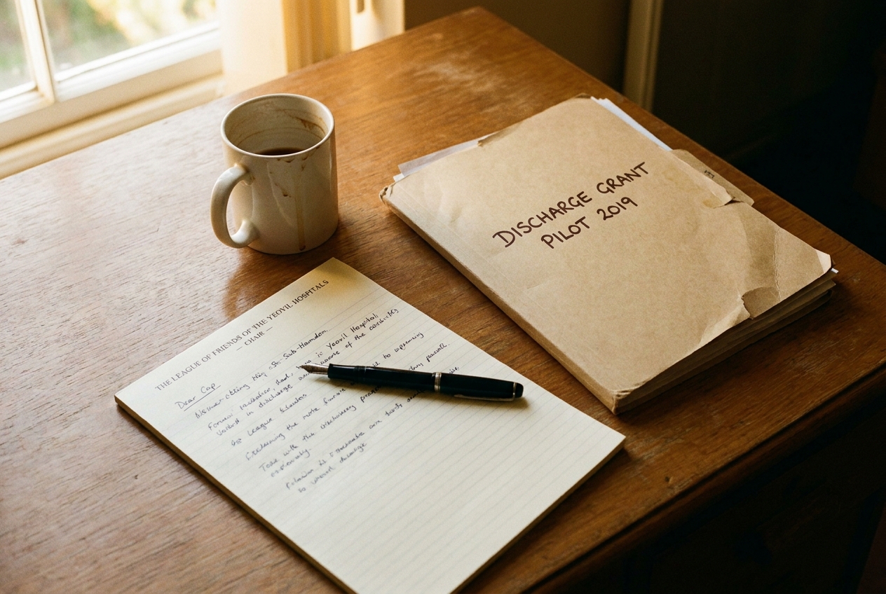 The chair&rsquo;s desk in the Stoke-Sub-Hamdon office — a manilla folder labelled &lsquo;DISCHARGE GRANT PILOT 2019&rsquo;, a half-empty mug, a hand-written reflection on a foolscap pad.