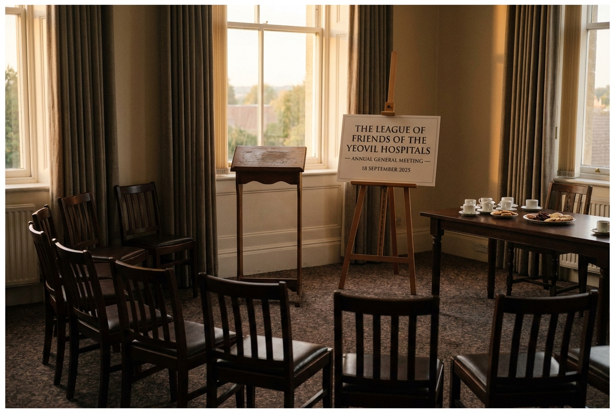 A semi-circle of chairs in the hospital boardroom for the AGM, a small lectern with a Friends&rsquo; sign reading &lsquo;THE LEAGUE OF FRIENDS OF THE YEOVIL HOSPITALS &middot; ANNUAL GENERAL MEETING&rsquo;.