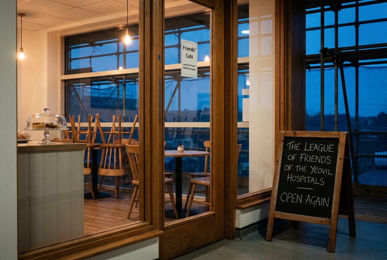 The Friends&rsquo; Café on Level 2 of Yeovil District Hospital, lights on at dusk, scaffolding still in place outside the window, a Friends&rsquo; sandwich-board reading &lsquo;THE LEAGUE OF FRIENDS OF THE YEOVIL HOSPITALS&rsquo; near the entrance.
