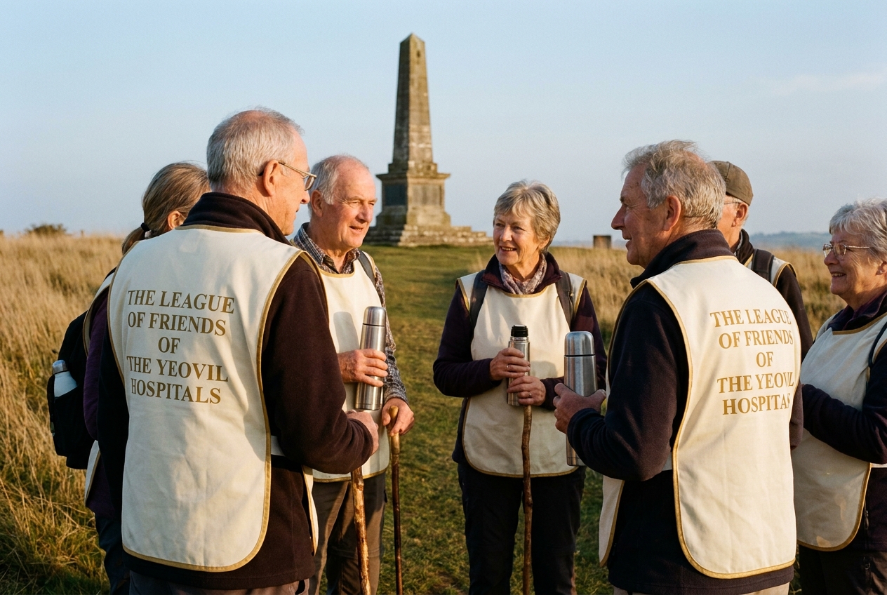 Walkers gathered at the Ham Hill war memorial in cream-and-gold Friends&rsquo; tabards reading &lsquo;THE LEAGUE OF FRIENDS OF THE YEOVIL HOSPITALS&rsquo;, low autumn light.