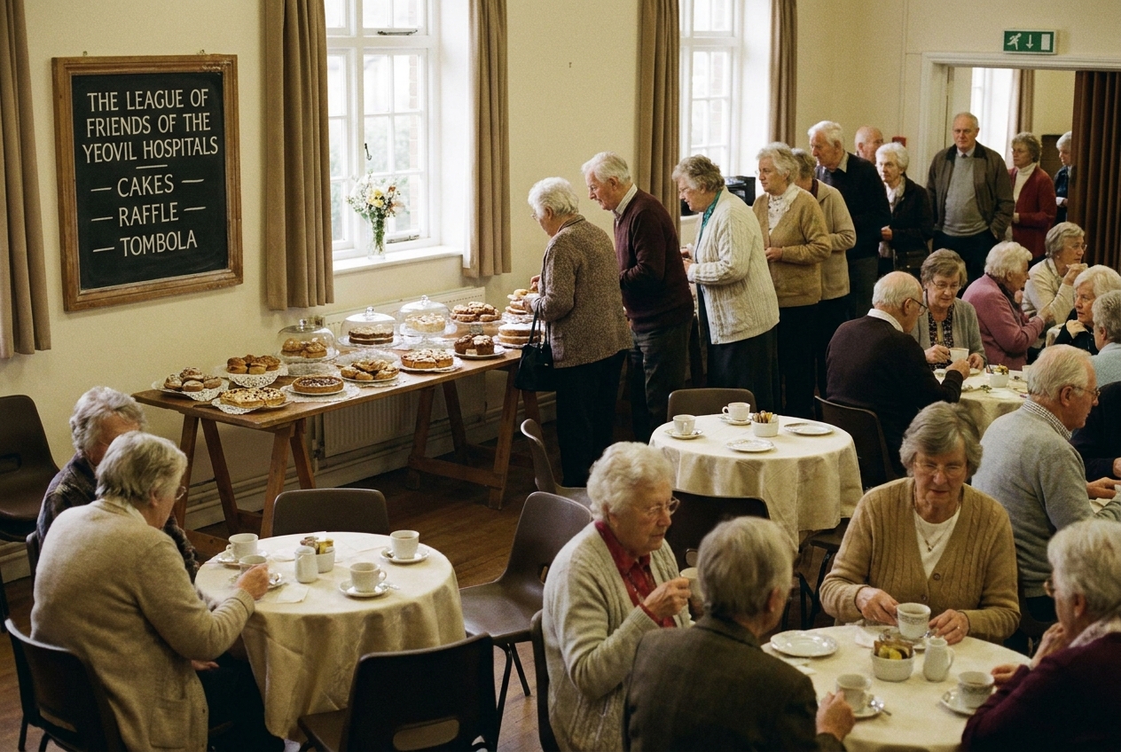 A coffee morning at Stoke-Sub-Hamdon Memorial Hall, a hand-lettered sign reading &lsquo;THE LEAGUE OF FRIENDS OF THE YEOVIL HOSPITALS &middot; CAKES &middot; RAFFLE&rsquo;.