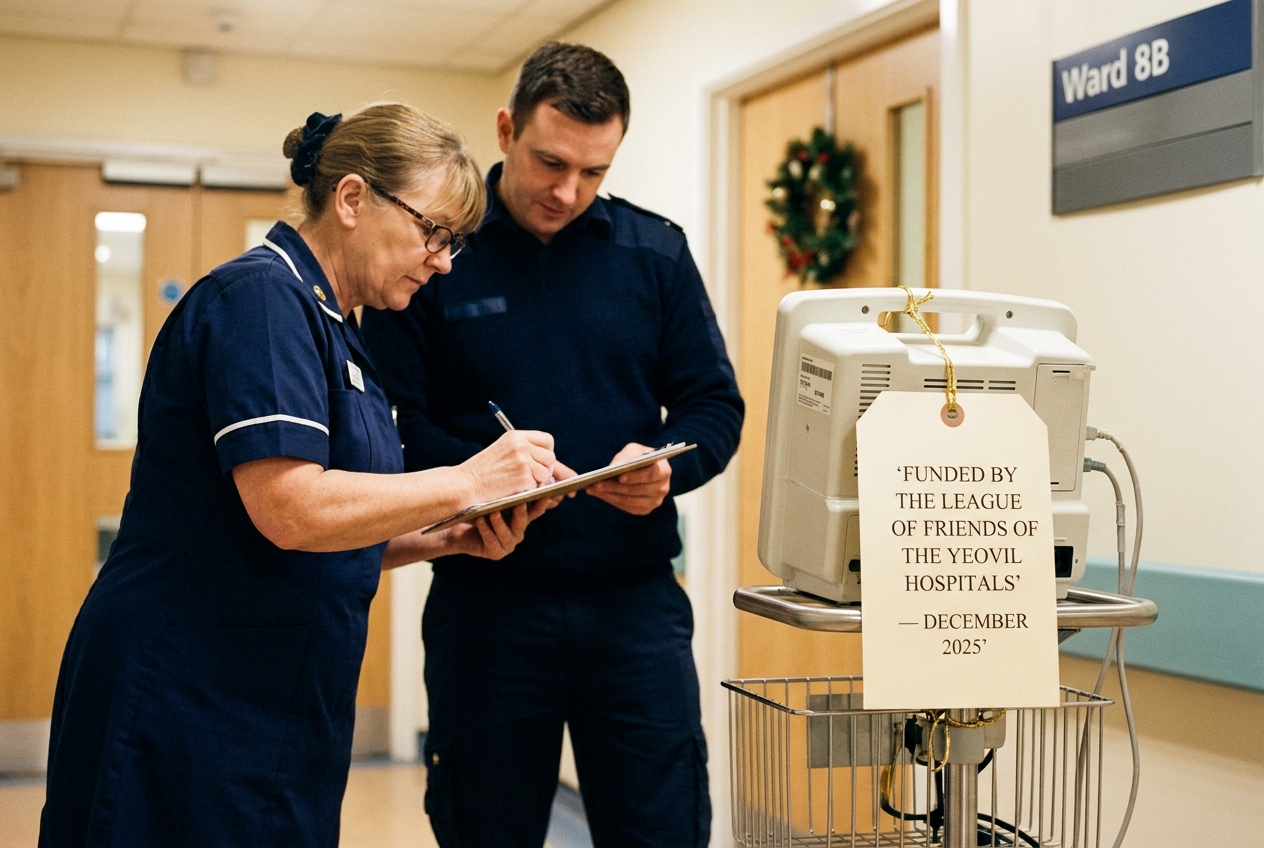 A ward sister at Yeovil District Hospital signs for delivery of a new cardiac monitor, the Friends&rsquo; paper label tied to the handle reading &lsquo;THE LEAGUE OF FRIENDS OF THE YEOVIL HOSPITALS&rsquo;.