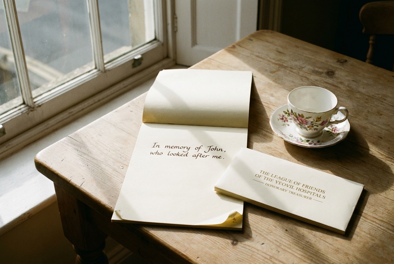 An open foolscap pad on a Yeovil kitchen table with a handwritten note reading &lsquo;In memory of John&rsquo;, beside a Friends&rsquo; envelope marked &lsquo;THE LEAGUE OF FRIENDS OF THE YEOVIL HOSPITALS&rsquo;.