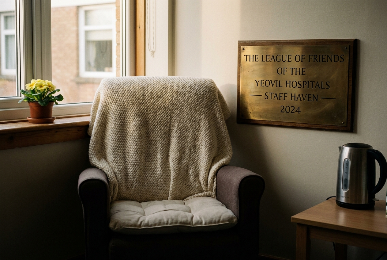 A new staff welfare kettle and cushioned chair on Ward 5A, a Friends&rsquo; brass plaque on the wall reading &lsquo;THE LEAGUE OF FRIENDS OF THE YEOVIL HOSPITALS &middot; STAFF HAVEN &middot; 2024&rsquo;.