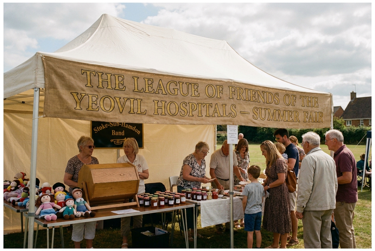 The Friends&rsquo; gazebo at a village fete in the Yeovil area, with a banner reading &lsquo;THE LEAGUE OF FRIENDS OF THE YEOVIL HOSPITALS&rsquo; in serif lettering across the top.