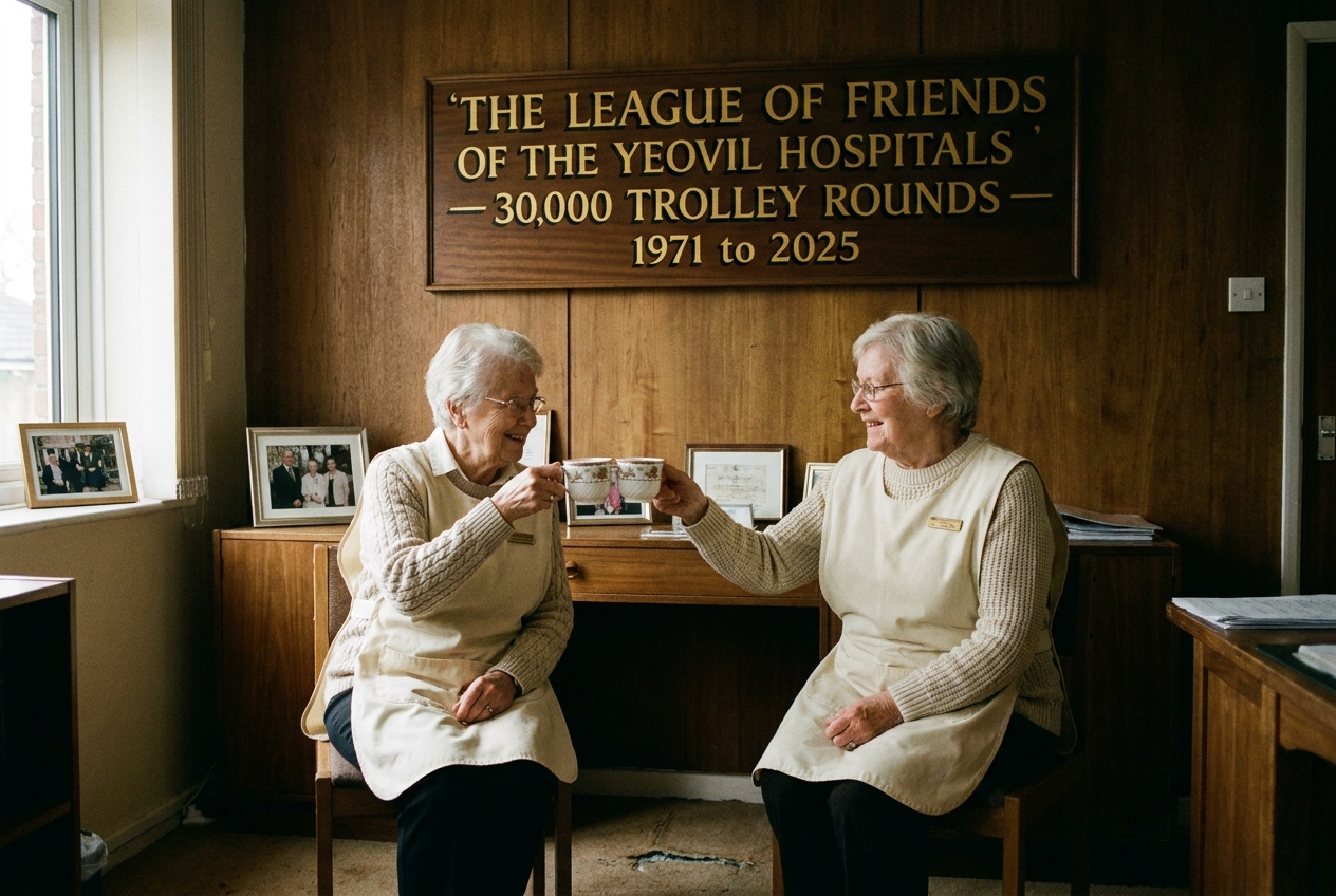 A milestone celebration in the Friends&rsquo; office, a hand-painted board reading &lsquo;30,000 TROLLEY ROUNDS, THE LEAGUE OF FRIENDS OF THE YEOVIL HOSPITALS, 1971&ndash;2025&rsquo;.