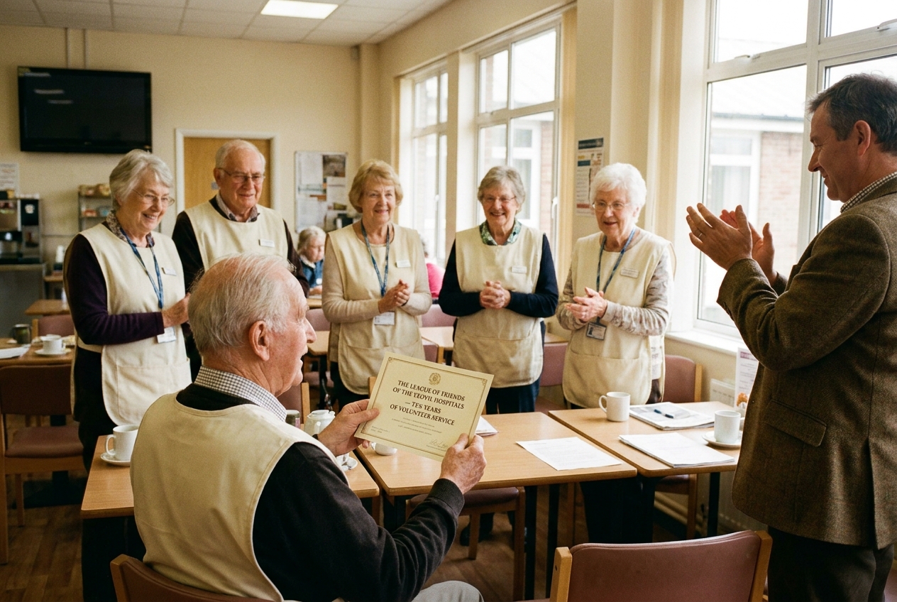A small gathering in the Friends&rsquo; Café at Yeovil District Hospital, volunteers in cream tabards holding certificates printed with &lsquo;THE LEAGUE OF FRIENDS OF THE YEOVIL HOSPITALS&rsquo;.