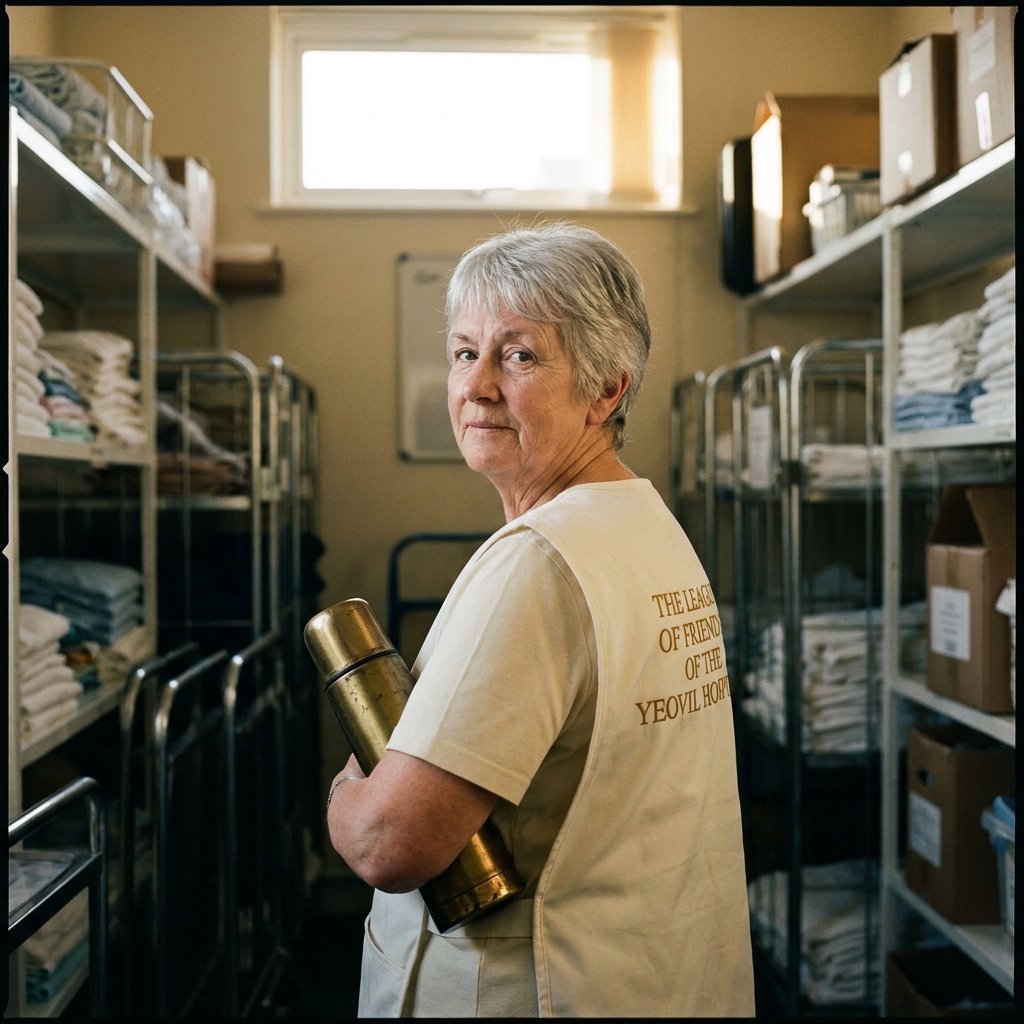 Annette Parker, in her sixties, in a cream Friends&rsquo; tabard photographed in the trolley store-room with a thermos under her arm.