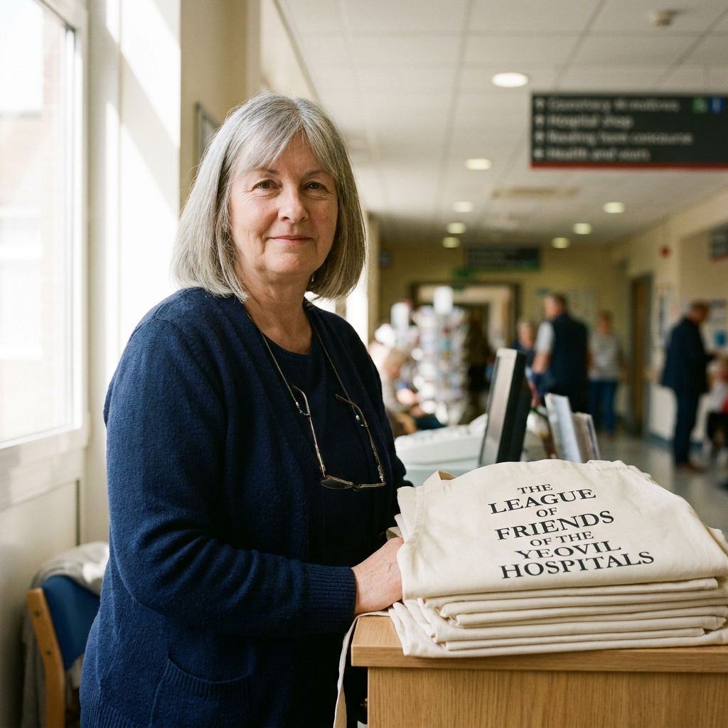 Jacqueline Henderson, in her late fifties, photographed in the concourse shop with a stack of folded volunteer aprons beside her, smiling slightly.