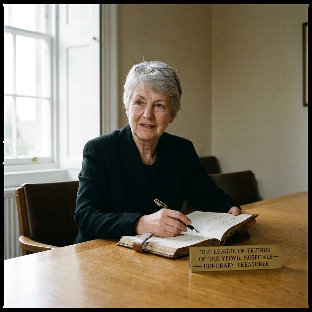 Margaret Anne Davis-Brown, in her sixties, photographed at the trustees&rsquo; oak table in the hospital boardroom, half-glasses pushed up, a ledger open in front of her.