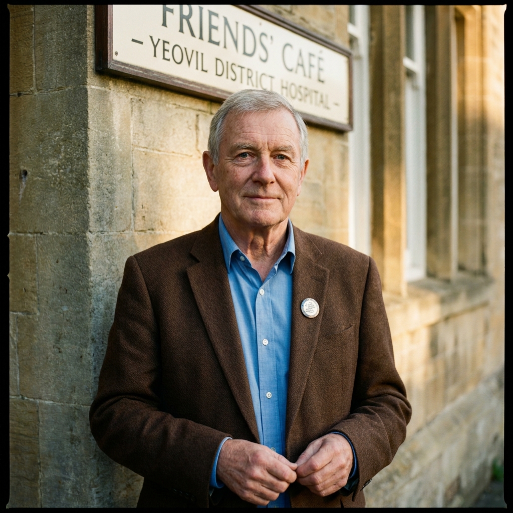 Roger Walkington, in his seventies, photographed against the side wall of the Friends&rsquo; Café — open-collar shirt, hands clasped, late-afternoon light.