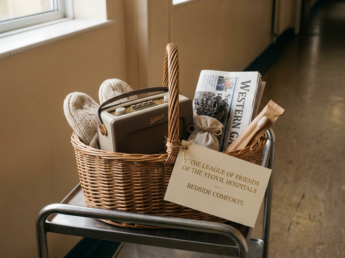 A wicker basket of bedside comforts on a hospital trolley — radio, slippers, lavender bag, a copy of the Western Gazette, the Friends&rsquo; cream-and-gold paper label tied to the handle reading &lsquo;THE LEAGUE OF FRIENDS OF THE YEOVIL HOSPITALS&rsquo;.
