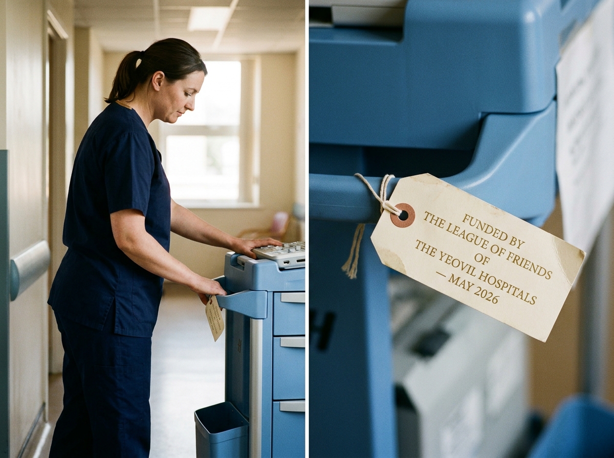 A radiographer at Yeovil District Hospital adjusting a portable ultrasound trolley funded by the Friends, with a Friends-branded paper label still tied to the handle reading &lsquo;THE LEAGUE OF FRIENDS OF THE YEOVIL HOSPITALS&rsquo;.