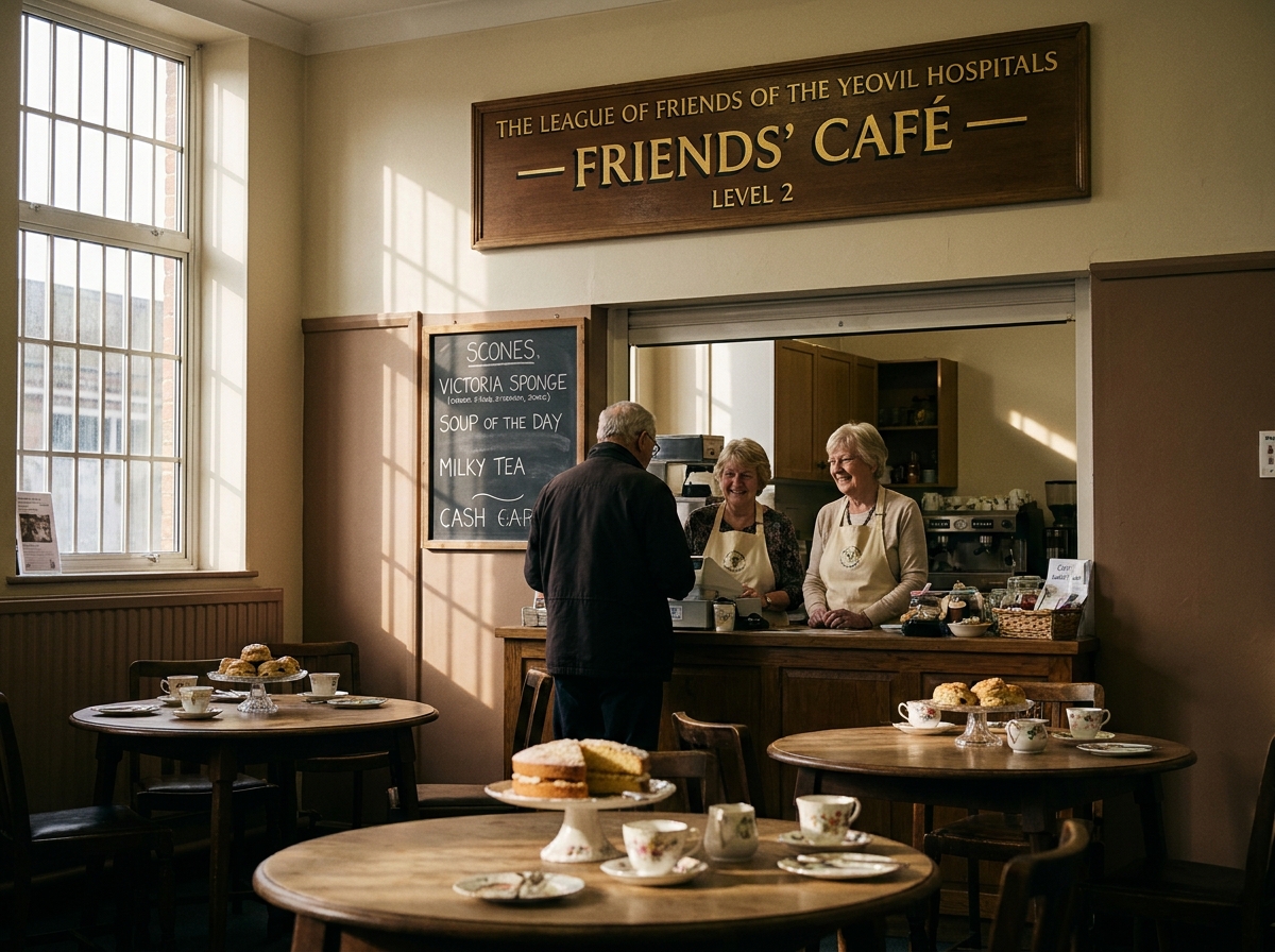 The Friends&rsquo; Café on Level 2 of Yeovil District Hospital — late afternoon light, two volunteers in cream aprons, a hand-lettered chalkboard menu with the Friends&rsquo; cream-and-gold logo, the words &lsquo;THE LEAGUE OF FRIENDS OF THE YEOVIL HOSPITALS&rsquo; routed in serif lettering on a wooden sign above the counter.
