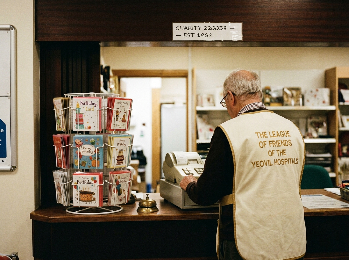 The Friends&rsquo; shop counter in Yeovil District Hospital&rsquo;s main concourse — a row of birthday cards, a brass till bell, a volunteer in a cream tabard with the words &lsquo;THE LEAGUE OF FRIENDS OF THE YEOVIL HOSPITALS&rsquo; embroidered across the back.