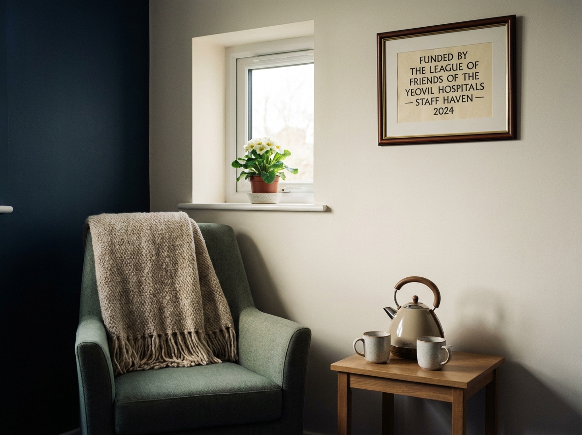 A small staff welfare room at Yeovil District Hospital with a kettle, a low armchair, a window, and a framed certificate on the wall reading &lsquo;Funded by THE LEAGUE OF FRIENDS OF THE YEOVIL HOSPITALS, 2024&rsquo;.