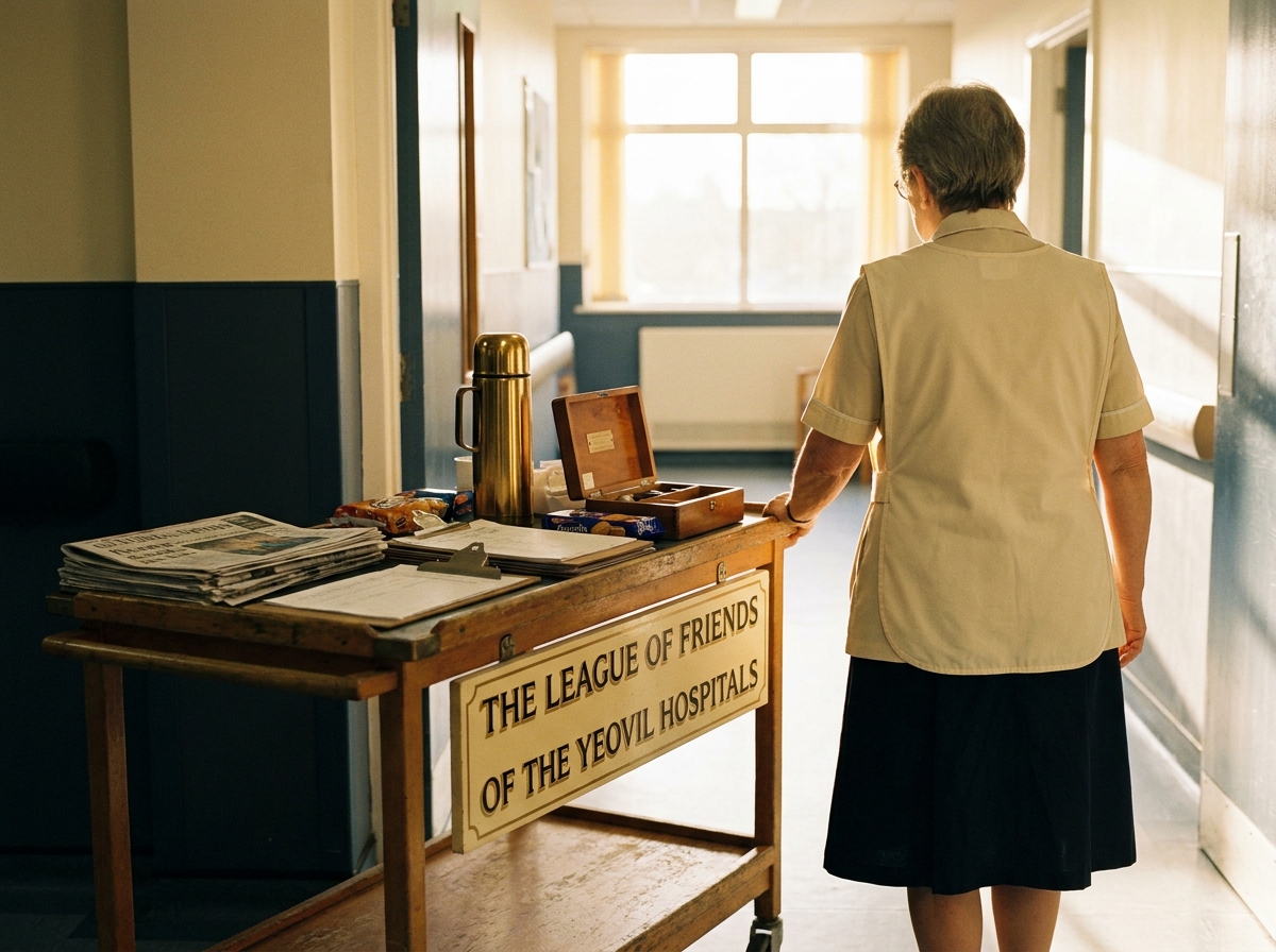 The morning trolley round on a Yeovil District Hospital ward — papers stacked at one end, a thermos, a Friends&rsquo; cream-and-gold sign on the side reading &lsquo;THE LEAGUE OF FRIENDS OF THE YEOVIL HOSPITALS&rsquo; in serif type.