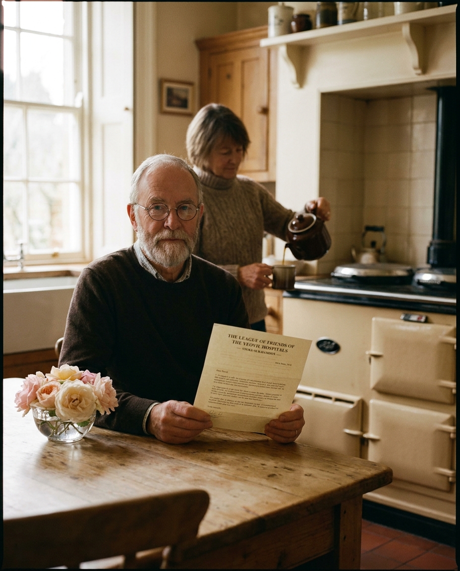 David, 64, at his Crewkerne kitchen table, holding the Friends&rsquo; thank-you letter with the gold seal, his wife in the background pouring tea.