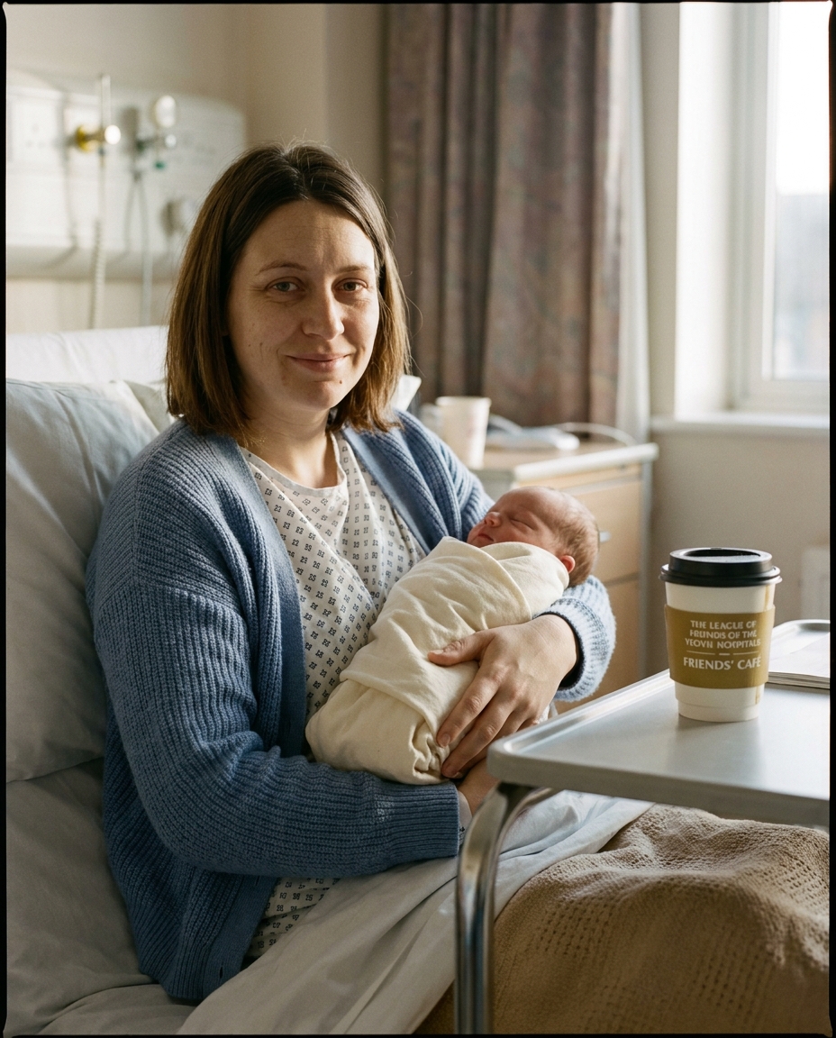 Grace, 31, in the post-natal ward at Yeovil District Hospital, holding her newborn and a takeaway cup from the Friends&rsquo; Café with the cream-and-gold logo visible.