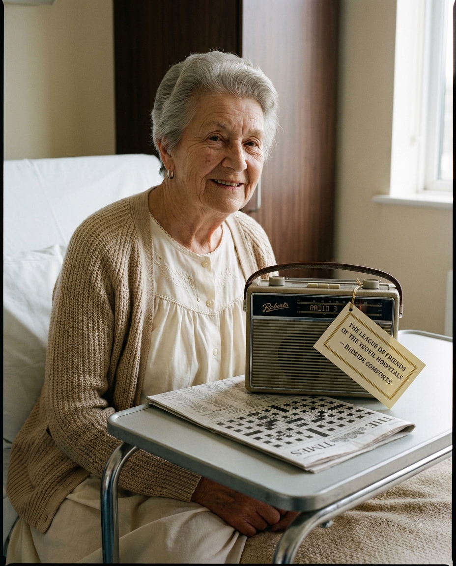 Margaret, 78, sitting up in a Yeovil District Hospital bed, listening to a small bedside radio on the wheeled tray-table, a half-finished crossword beside her.
