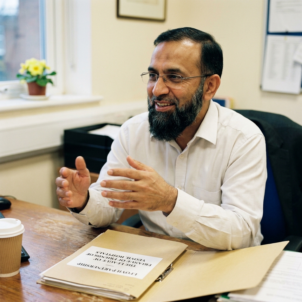 Anwar, 52, in the hospital charity team office at Yeovil District Hospital, in conversation, a folder labelled &lsquo;LFoYH partnership&rsquo; open on the desk.