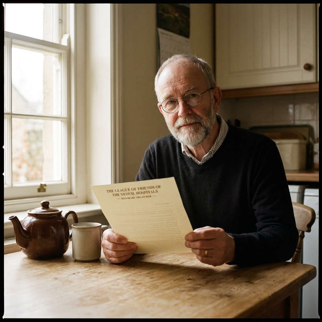 David, 64, at his Crewkerne kitchen table, the Friends&rsquo; thank-you letter in his hand, the gold seal still visible.