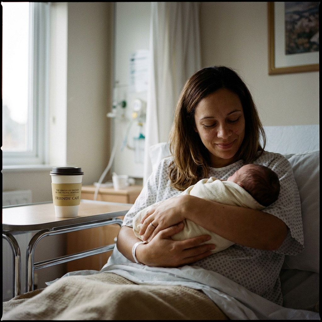 Grace, 31, on the post-natal ward at Yeovil District Hospital, holding her newborn and a small takeaway cup from the Friends&rsquo; Café with the cream-and-gold logo visible.