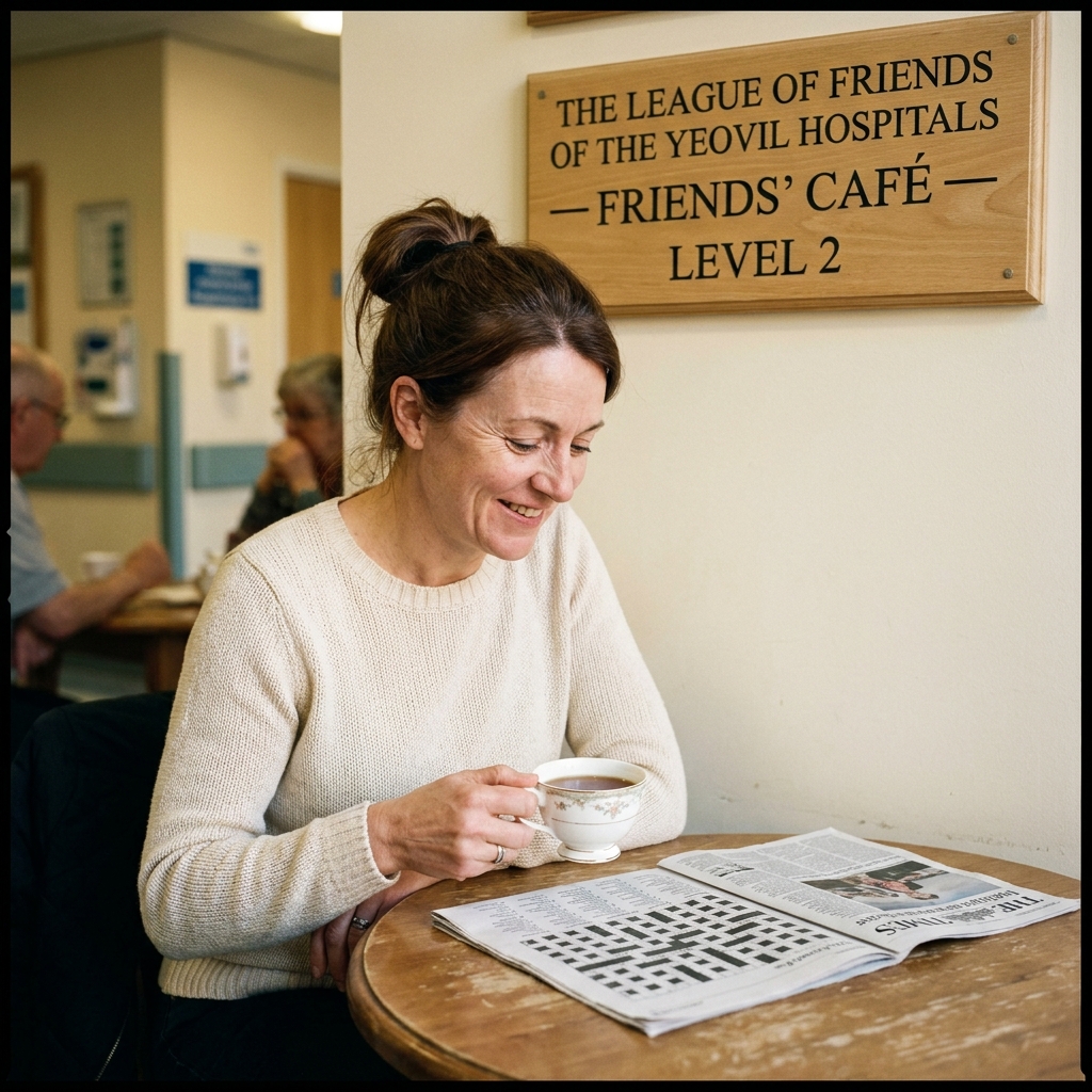 Helen, 45, at a table in the Friends&rsquo; Café, a half-finished crossword in front of her, her hand around a cup of tea.