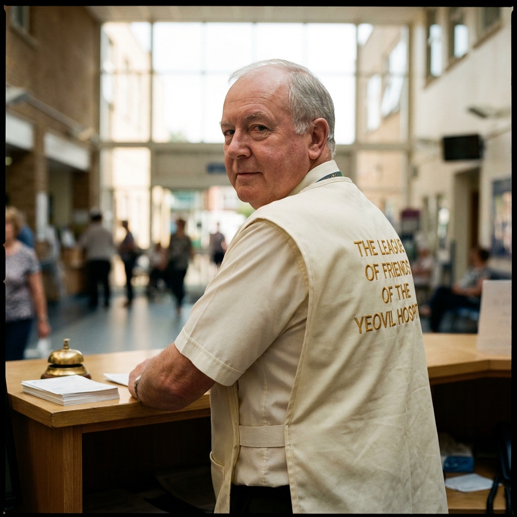 Keith, 71, in his shop tabard behind the till of the Friends&rsquo; shop on the main concourse, the cream-and-gold embroidery on the back of the tabard reading &lsquo;THE LEAGUE OF FRIENDS OF THE YEOVIL HOSPITALS&rsquo;.