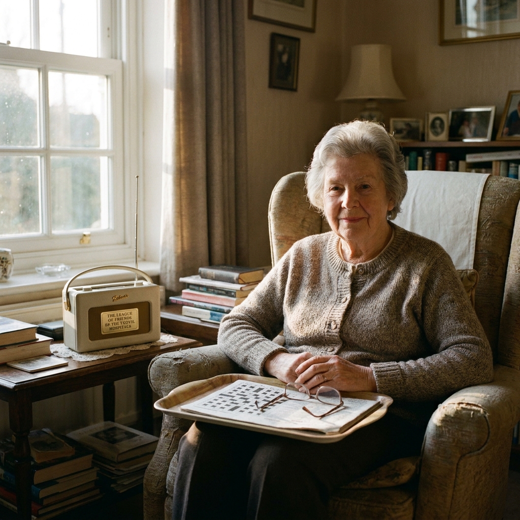 Margaret, 78, in her sitting-room in Stoke-Sub-Hamdon, sitting in an armchair with the Roberts radio on the side table, a small smile on her face.